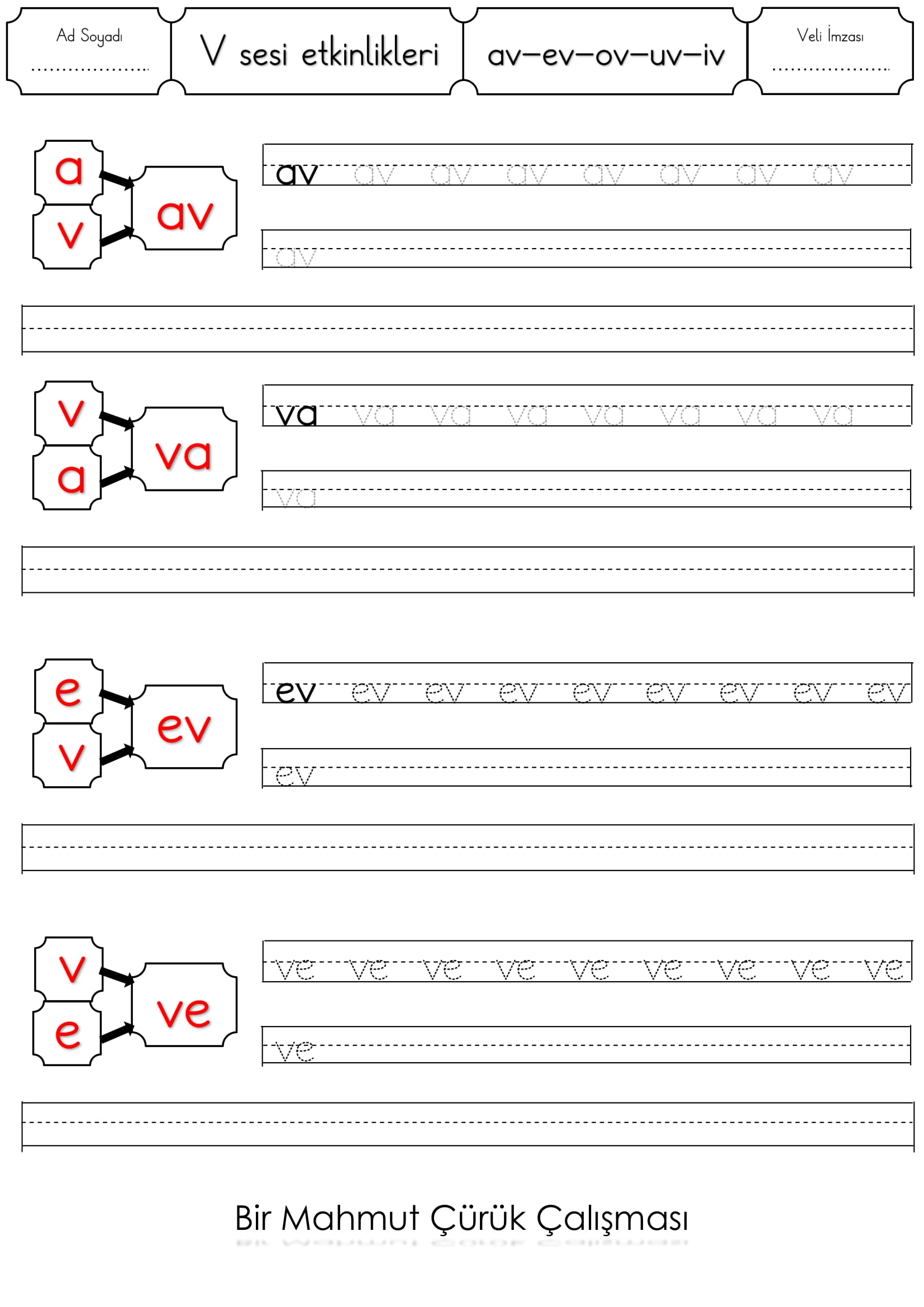 1.Sınıf V Sesi av-ev-iv-uv-ıv etkinliği