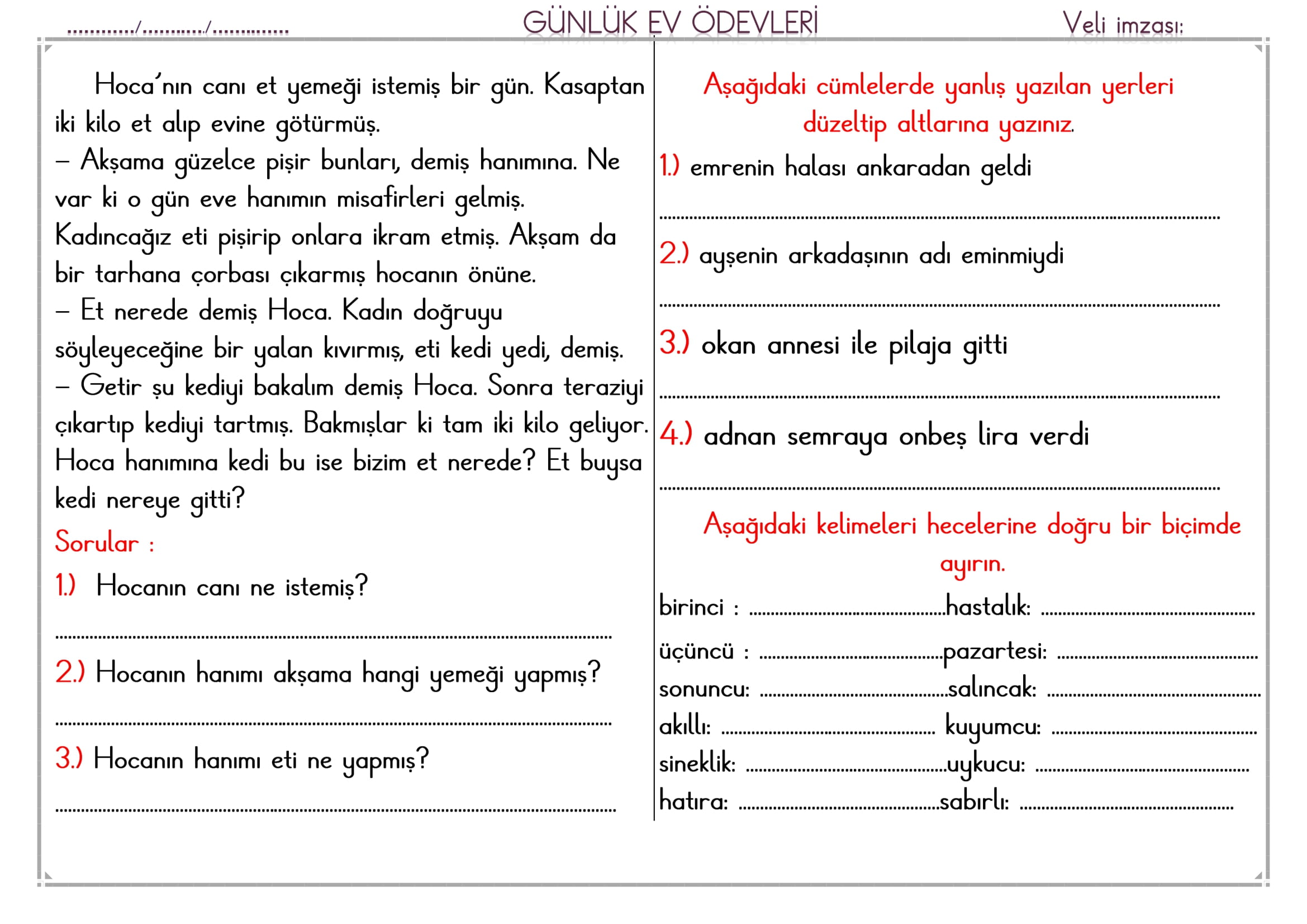 1.Sınıf 07 Şubat 2025 Günlük Ev Ödevi