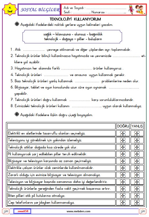 4. Sınıf Türkçe Sosyal Bilgiler Teknolojiyi Kullanıyorum Etkinliği 3