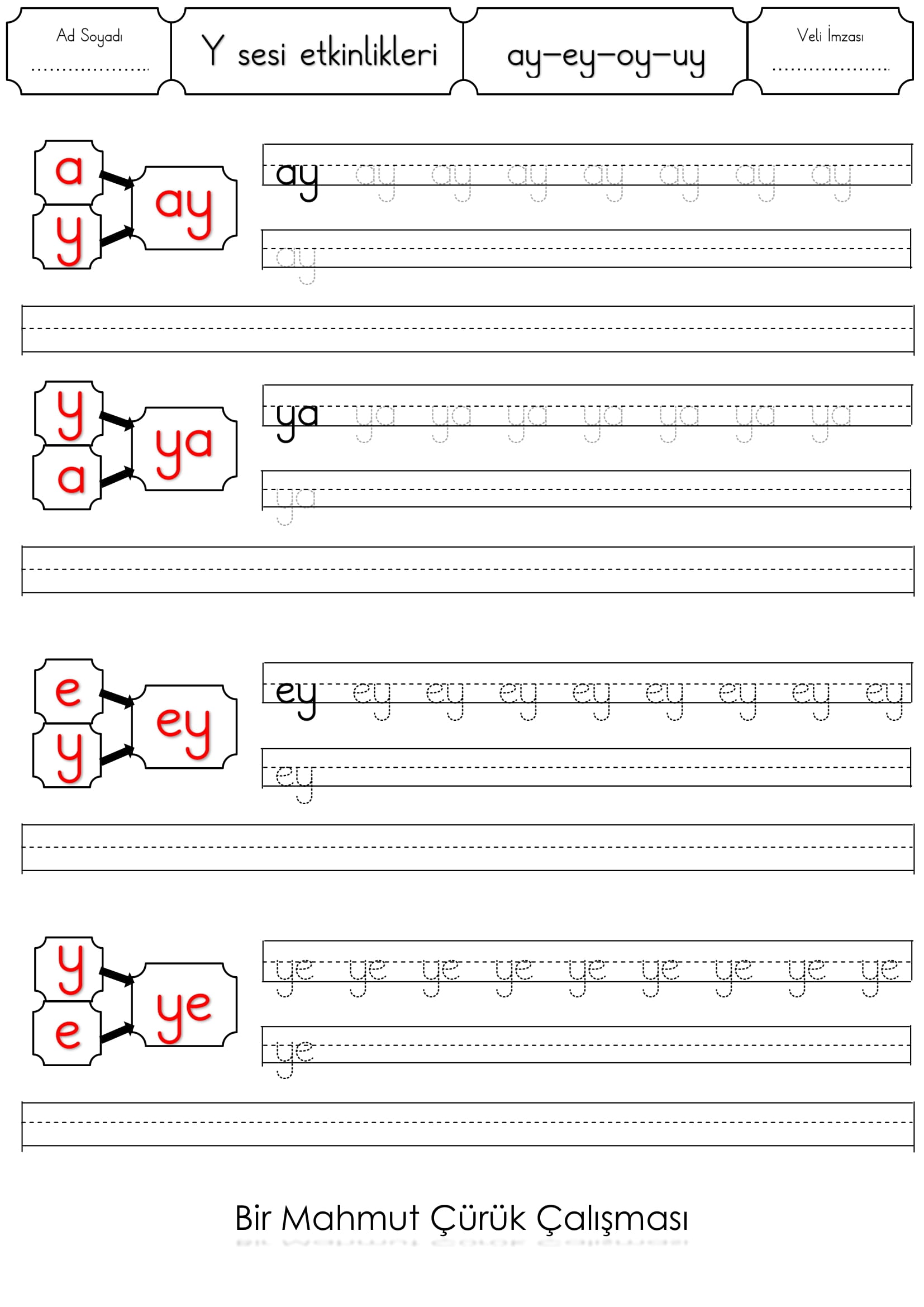 1.Sınıf İlk Okuma Yazma Y Sesi ay-ey-iy-oy-uy-ıy-üy etkinliği