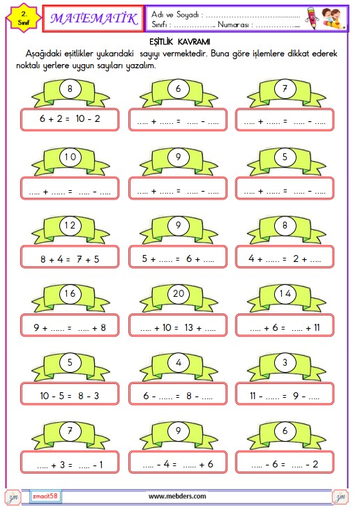 2. Sınıf Matematik Eşitlik Kavramı Etkinliği 3