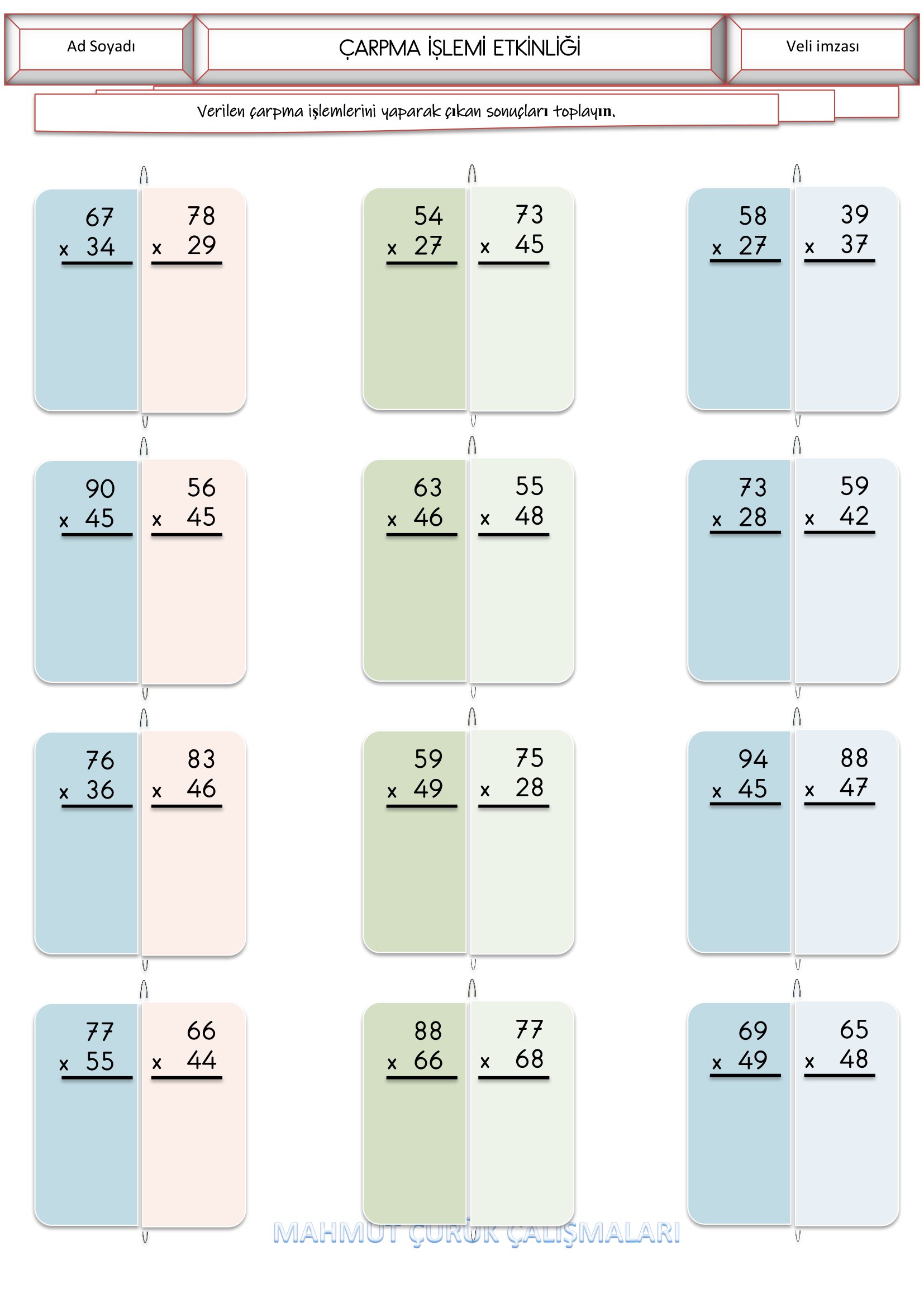 4.Sınıf Matematik Çarpma İşlemi Etkinliği