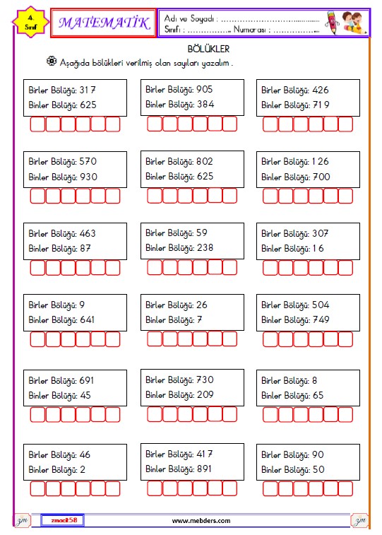 4. Sınıf Matematik Sayılarda Bölükler Etkinliği