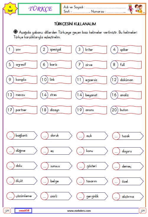 4. Sınıf Türkçe Türkçesini Kullanalım Etkinliği 5