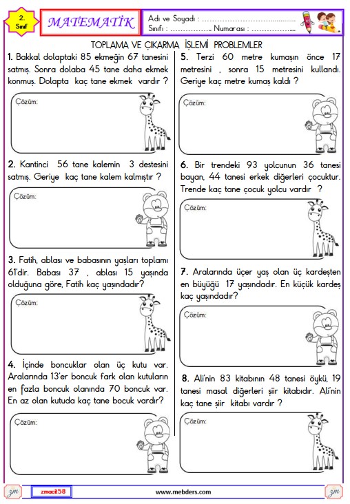 2. Sınıf Matematik Toplama ve Çıkarma İşlemleri Problemleri Etkinliği 4