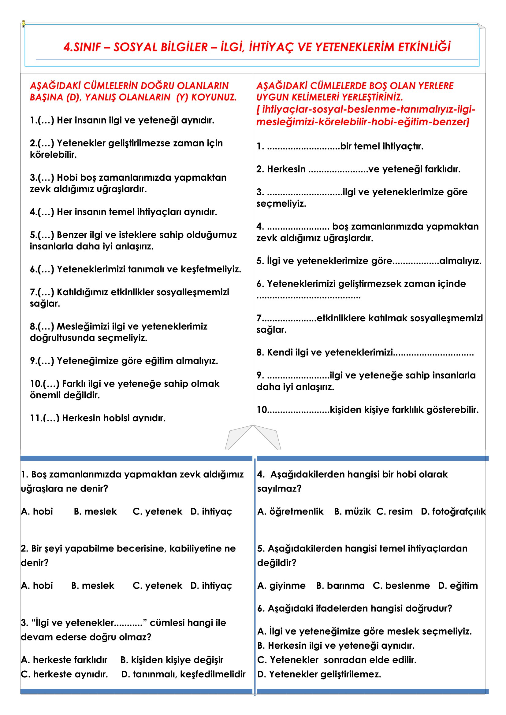 4.Sınıf - Sosyal Bilgiler - İlgi İhtiyaç ve Yeteneklerim Etkinliği