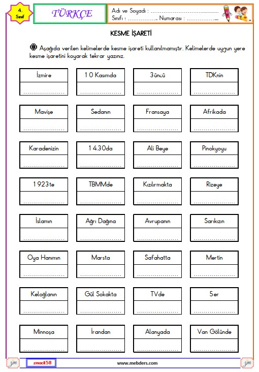 4. Sınıf Türkçe Kesme İşareti Etkinliği 1