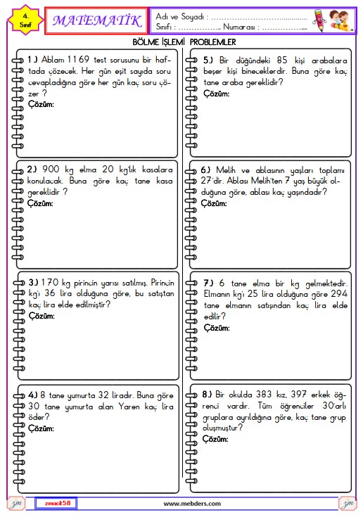 4. Sınıf Matematik Bölme İşlemi Problemler Etkinliği 3