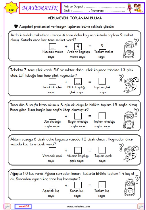 1. Sınıf Matematik Verilmeyen Toplananı Bulma Etkinliği 16