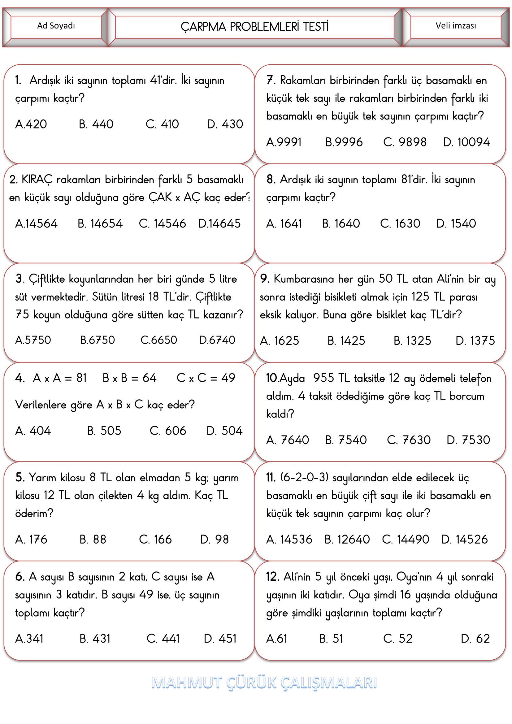 4.Sınıf - Matematik Çarpma Problemleri Testi