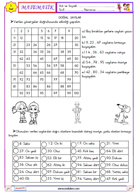 2. Sınıf Matematik Sayıları Okuma ve Yazma Etkinliği 4