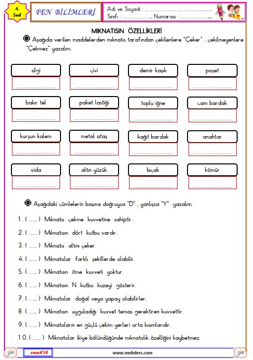 4. Sınıf Fen Bilimleri Mıknatısın Özellikleri Etkinliği 1