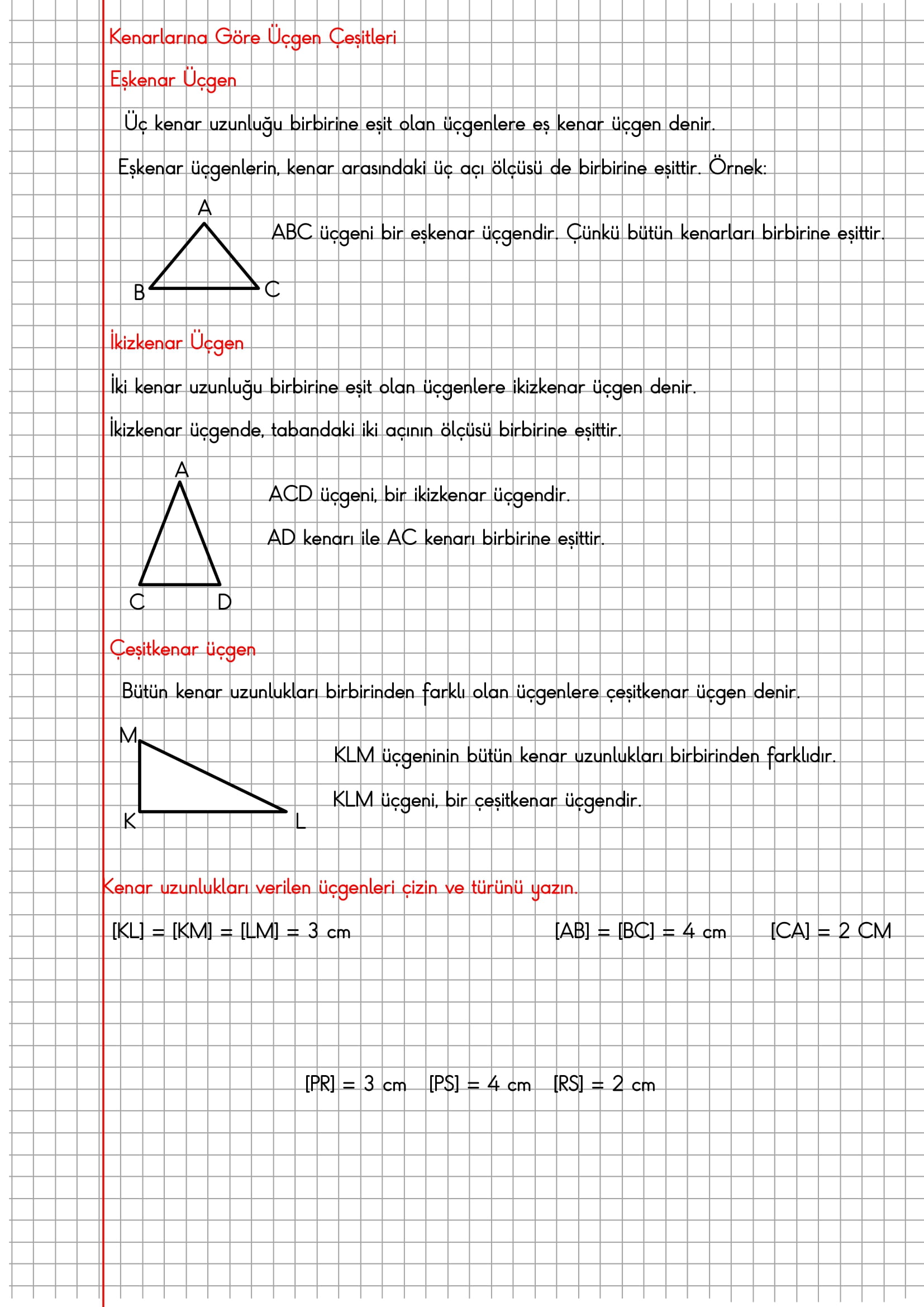 4.Sınıf Matematik Kareli Defterde Kenarlarına Göre Üçgen Türleri Konu Özeti