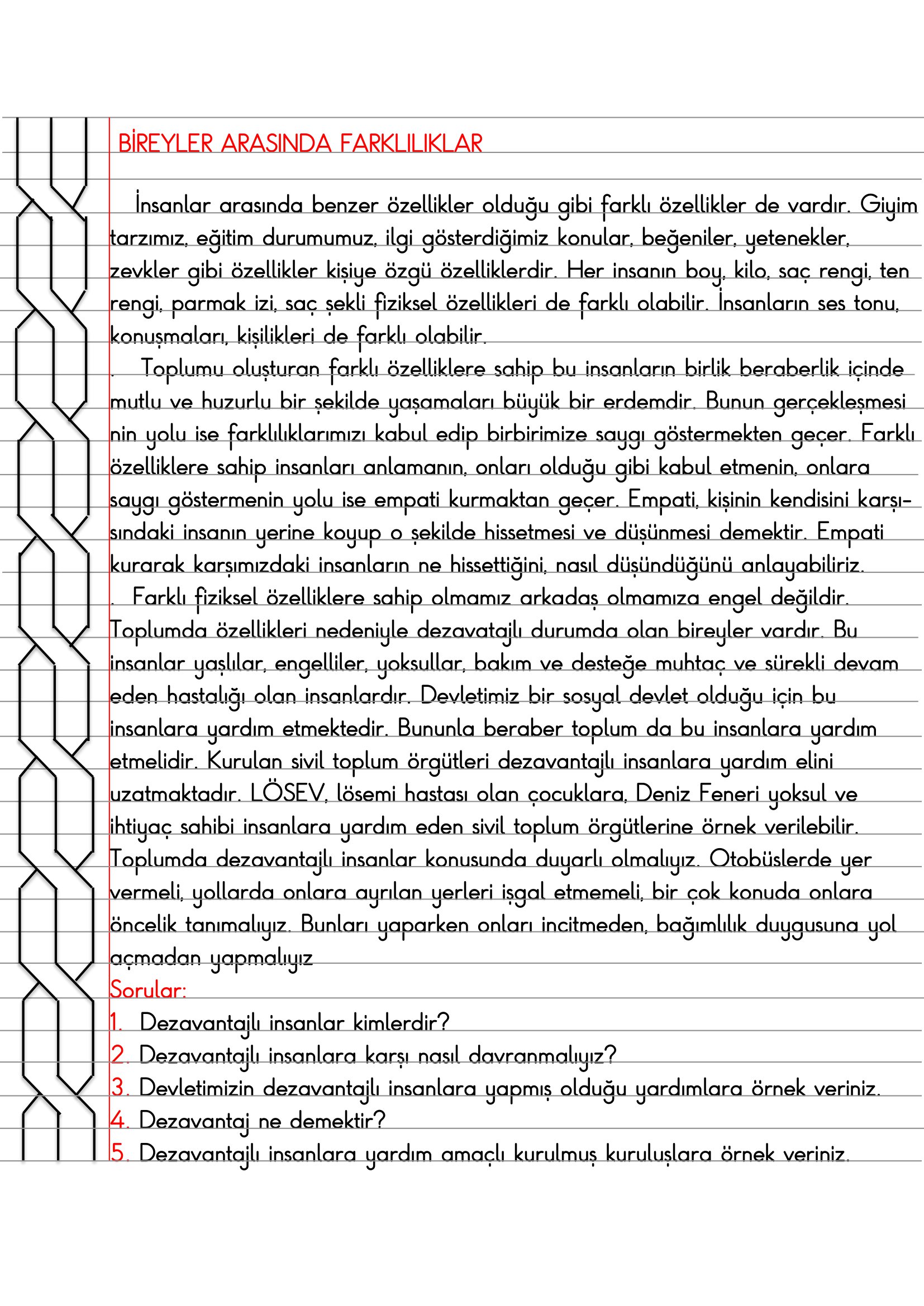 4.Sınıf - Sosyal Bilgiler - Bireyler Arasında Farklılıklar Defter Özeti