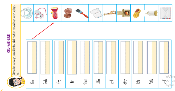 1. Sınıf İlk Okuma Yazma F-f Sesi Görsel Oku Yaz ve Eşleştir Etkinliği