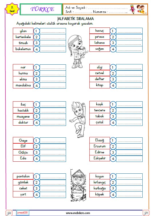 2. Sınıf Türkçe Alfabemiz ve Sözlük Sırası Etkinliği