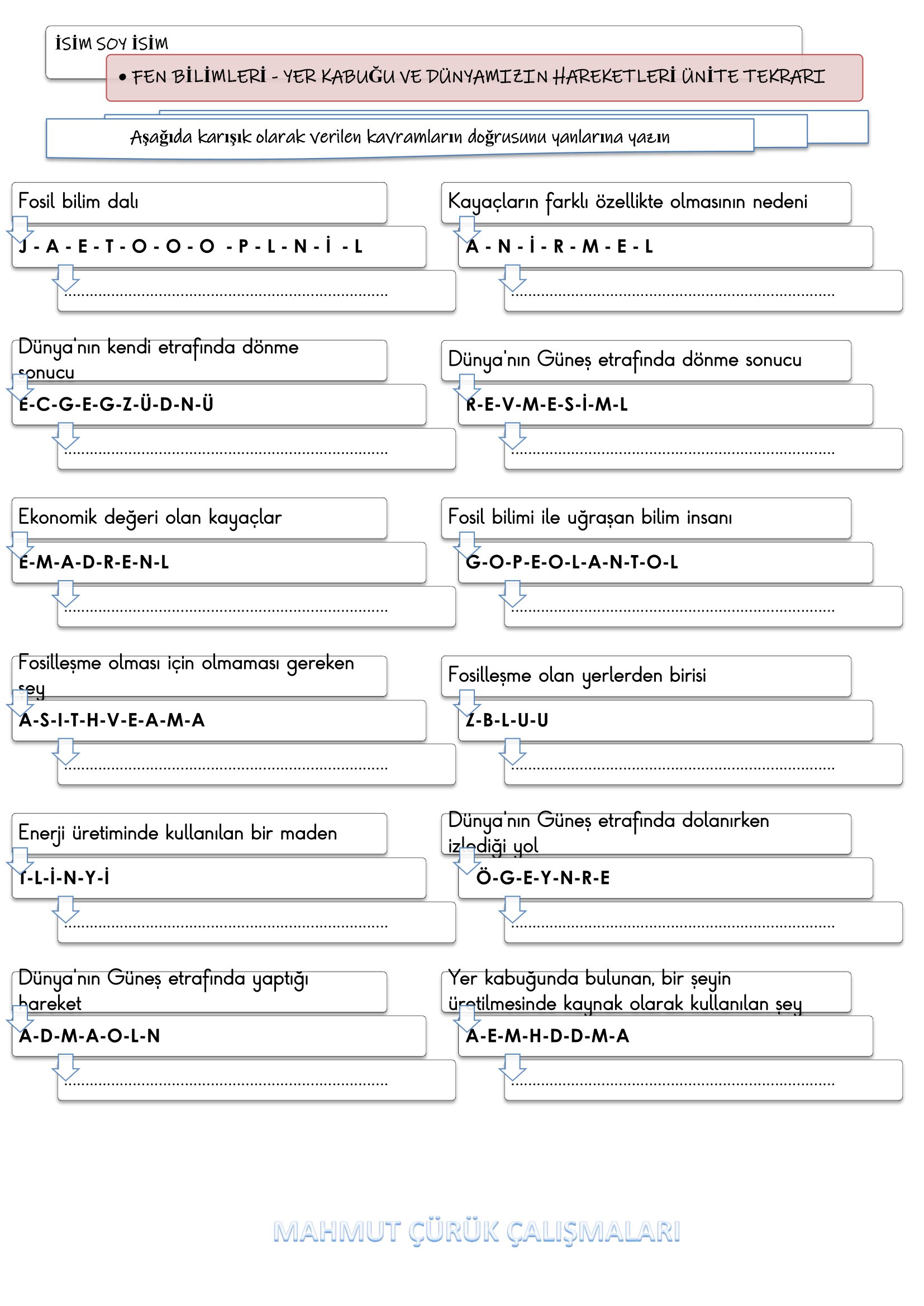 4.Sınıf - Fen Bilimleri Yer Kabuğu ve Dünyamızın Hareketleri Ünite Tekrarı