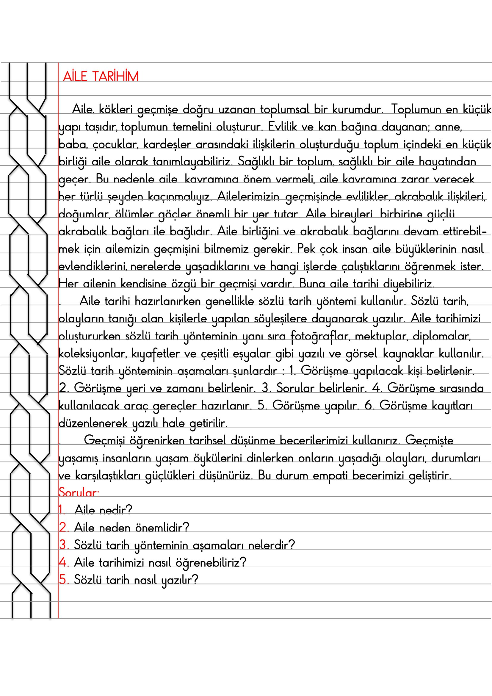 4.Sınıf - Sosyal Bilgiler - Ailem Tarihim Defter Özeti