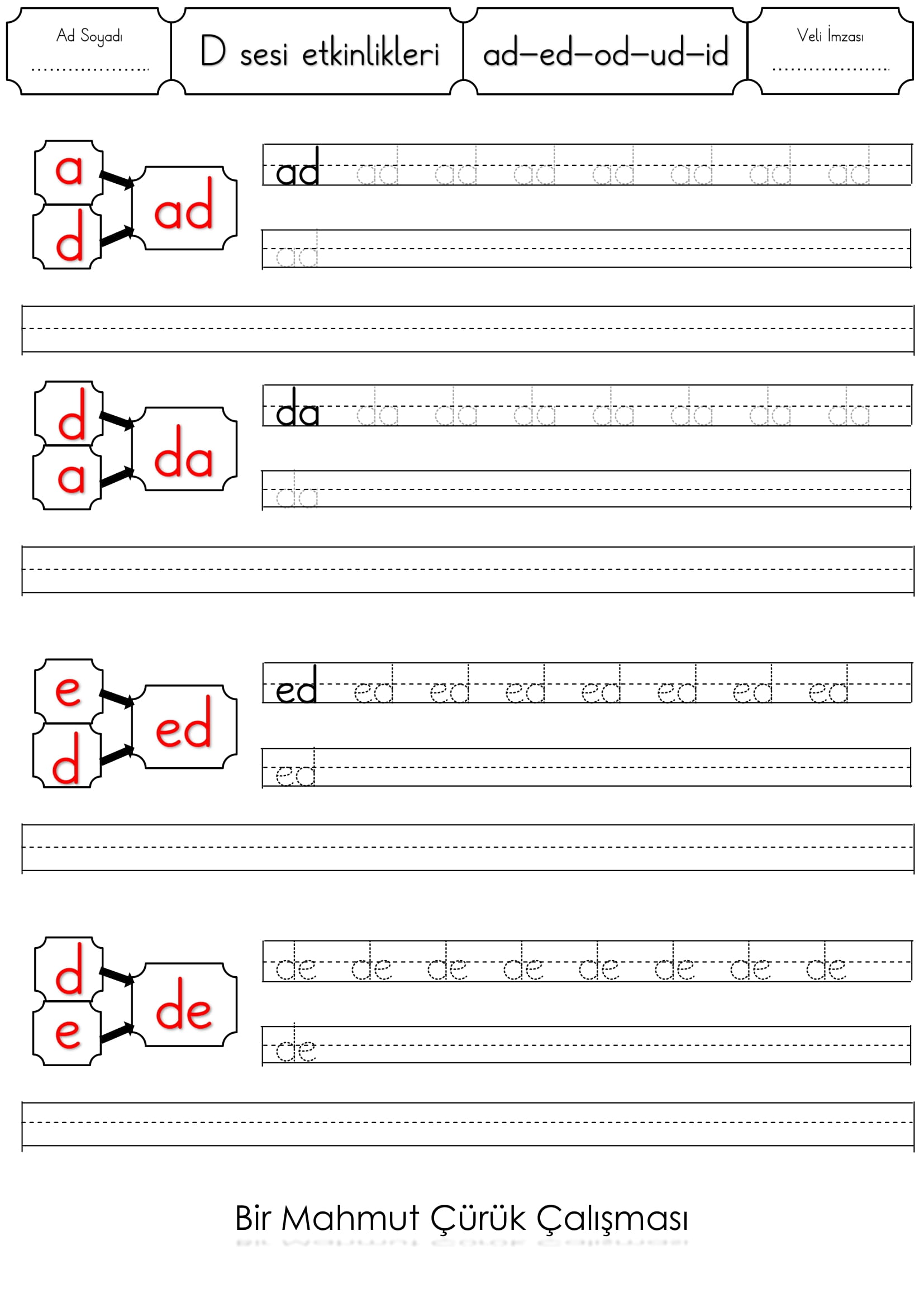 1.Sınıf İlk Okuma Yazma D Sesi ad-ed-id-od-ud-ıd-üd etkinliği