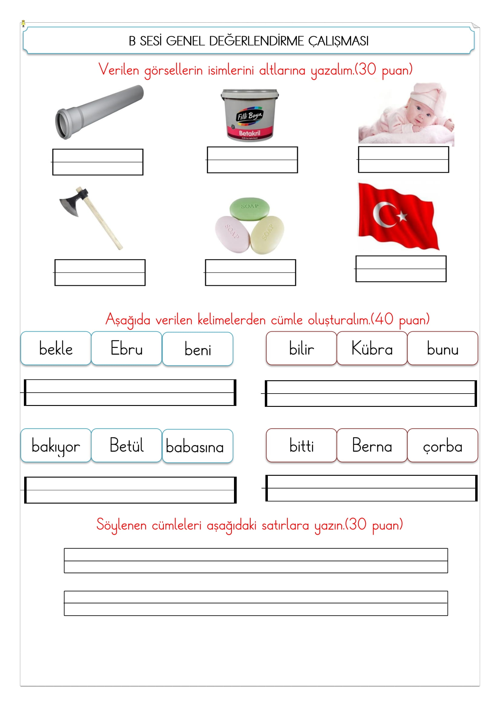 1.Sınıf İlk Okuma Yazma B Sesi Değerlendirme Çalışması-1