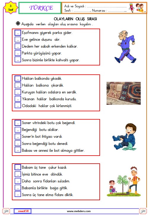 3. Sınıf Türkçe Olayların Oluş Sırası Etkinliği 5