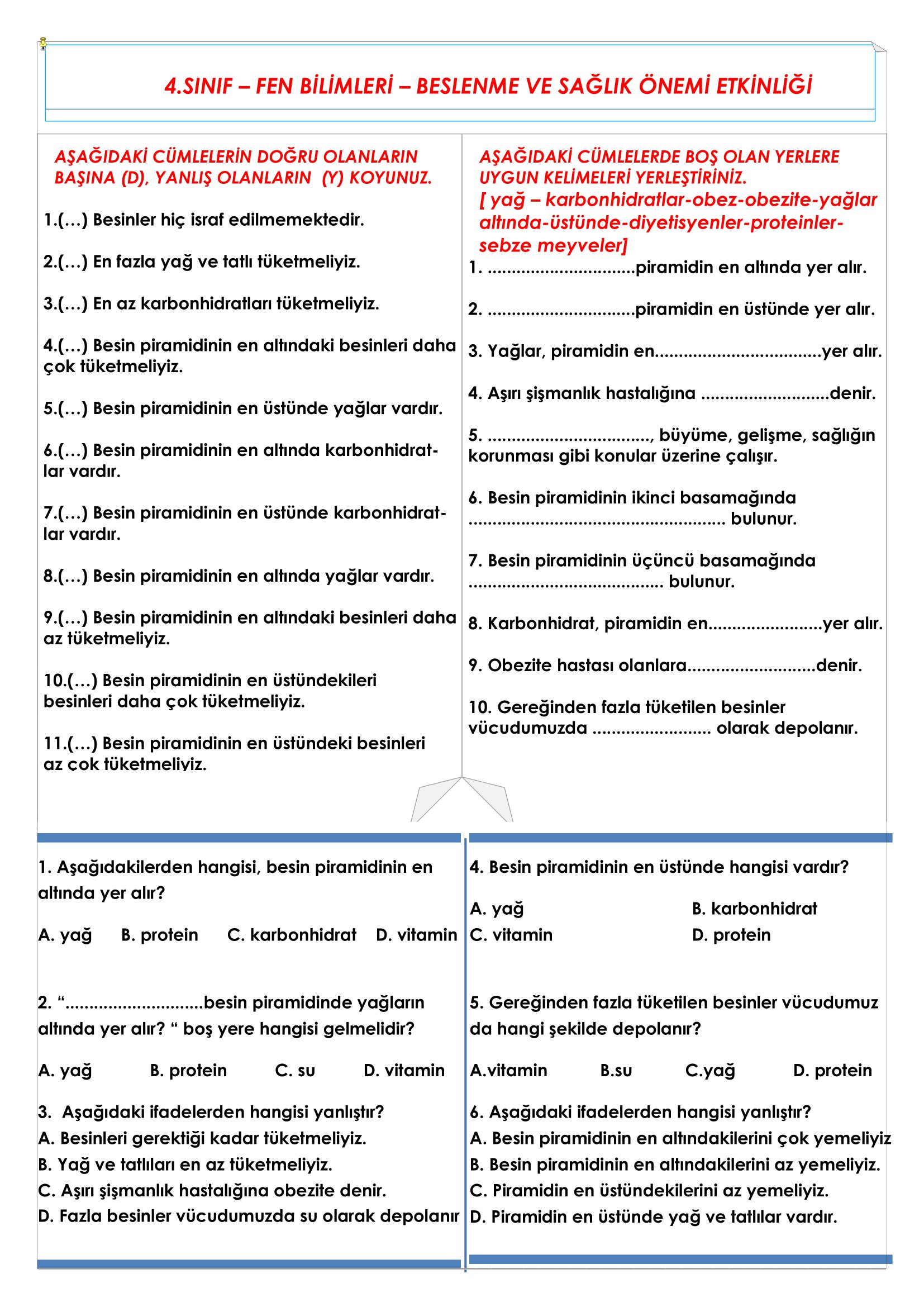 4.Sınıf Fen Bilimleri Beslenme ve Sağlık Etkinliği