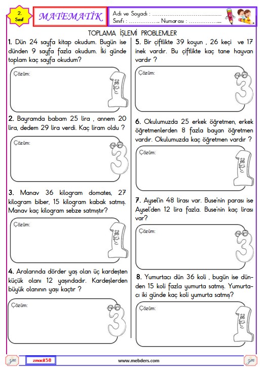 2. Sınıf Matematik Toplama İşlemi Problemleri Etkinliği 7