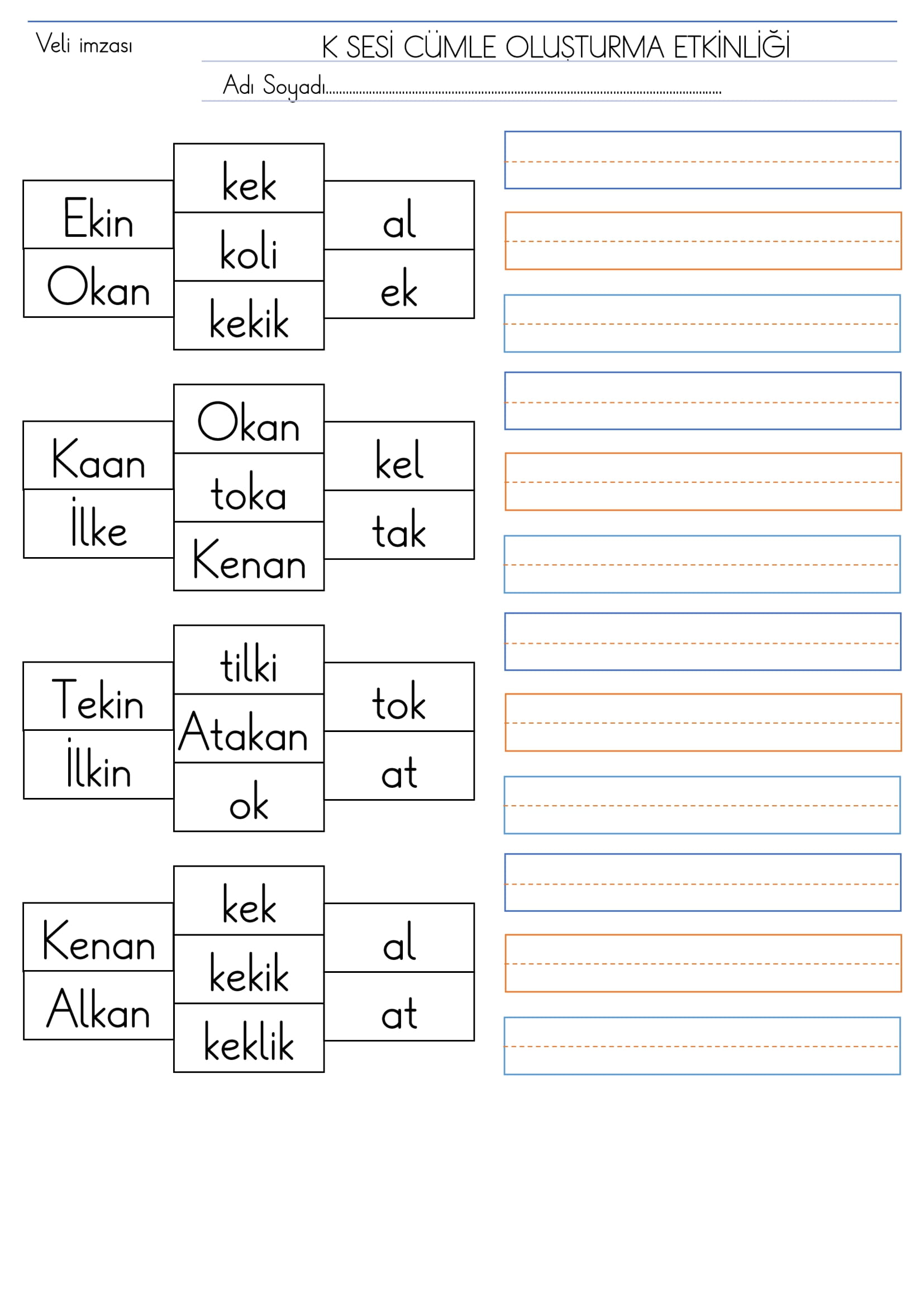 1. Sınıf K Sesi Cümle Oluşturma Etkinliği