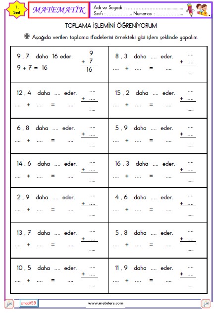 1. Sınıf Matematik Toplama İşlemi  Etkinliği 9