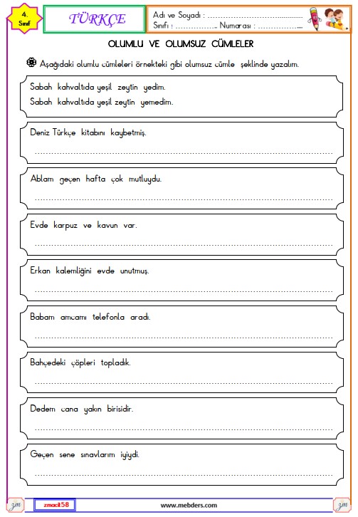 4.. Sınıf Türkçe Olumlu ve Olumsuz Cümle Etkinliği 6