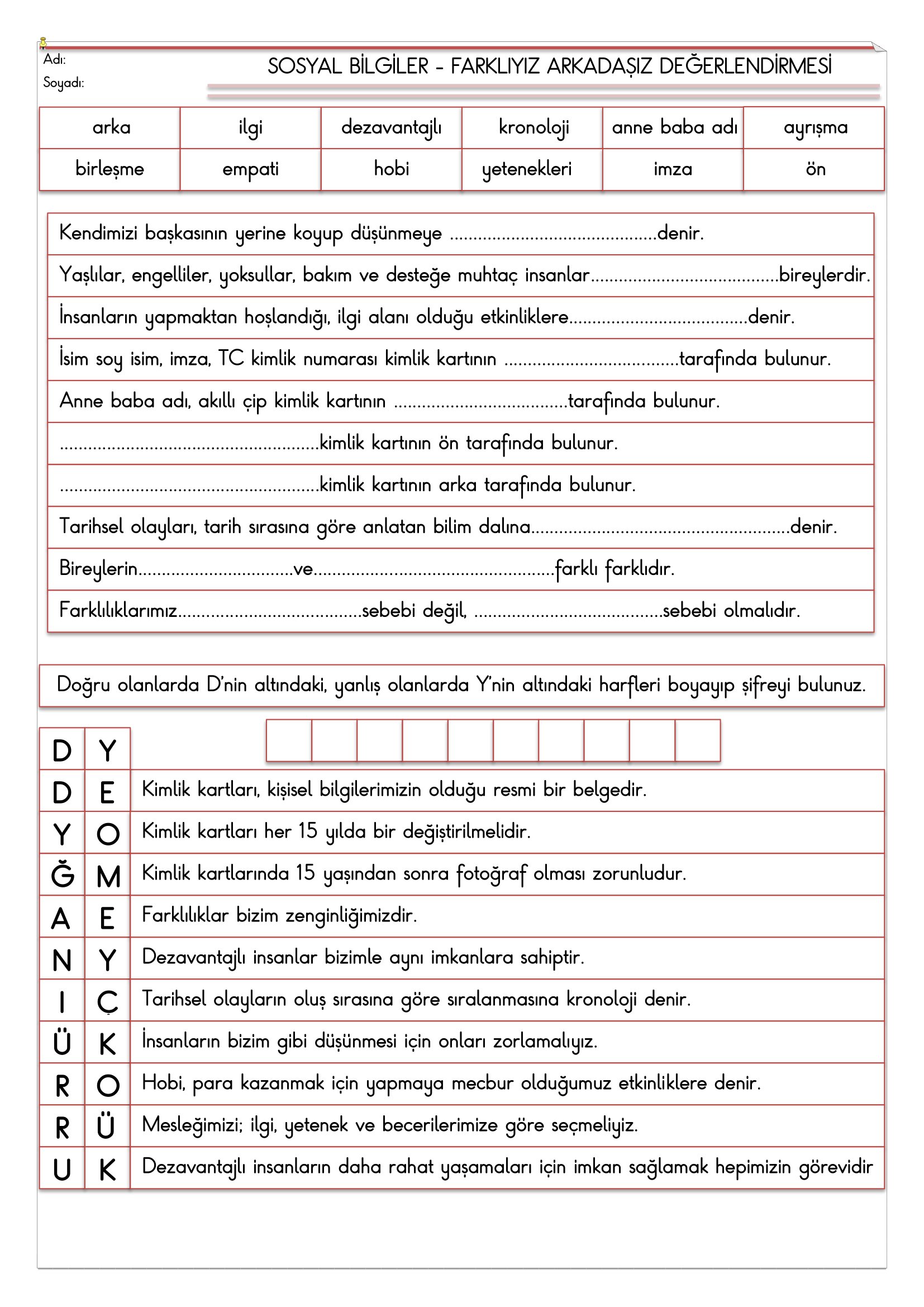 4.Sınıf - Sosyal Bilgiler Farklıyız, Arkadaşız Değerlendirmesi