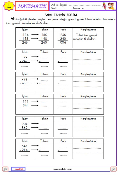 3. Sınıf Matematik Farkı Tahmin Edelim Etkinliği 1