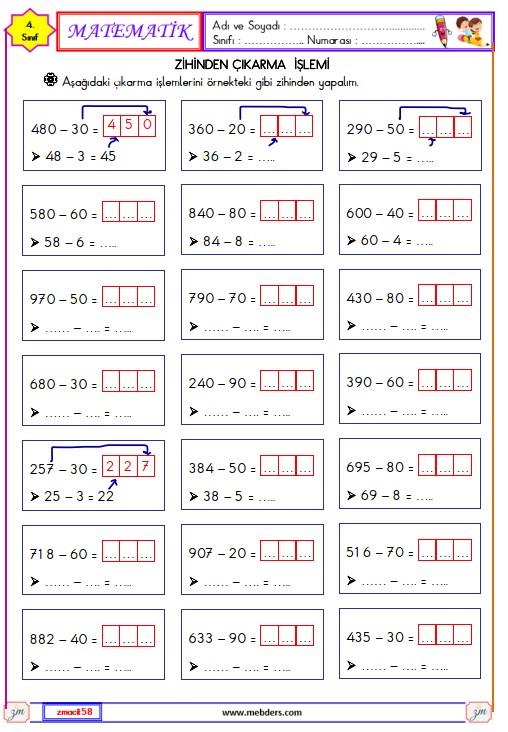 3. Sınıf Matematik Çıkarma İşlemi Etkinliği 1