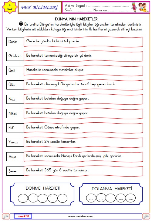 4. Sınıf Fen Bilimleri Dünyamızın Hareketleri Etkinliği 2