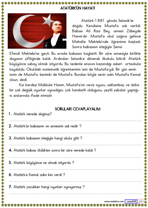 2. Sınıf Hayat Bilgisi Atatürk'ün Hayatı Etkinliği 4