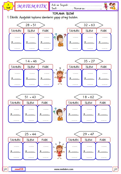 2. Sınıf Matematik Toplama İşleminin  Sonucunu Tahmin Etme Etkinliği 2