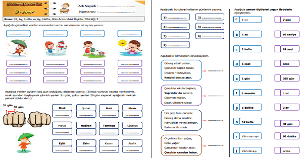 3.Sınıf Matematik Yıl, Ay, Hafta ve Ay, Hafta, Gün Arasındaki İlişkiler Etkinliği 3