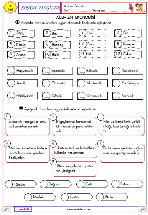 4. Sınıf Sosyal Bilgiler Ailemizin Ekonomisi Etkinliği 5