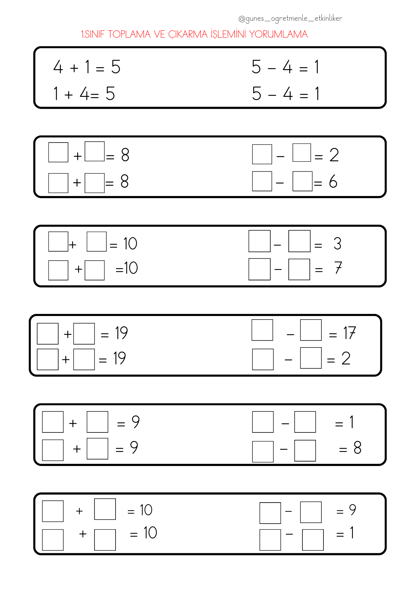 1.Sınıf Matematik Toplama ve Çıkarma İşlemi Yorumlama