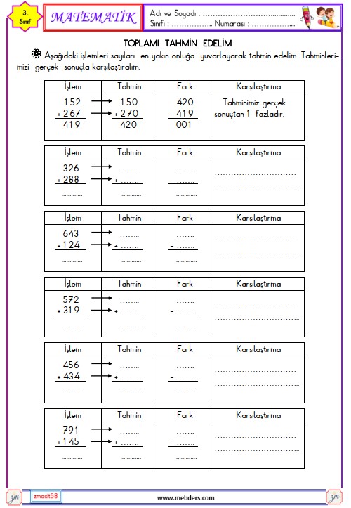 3. Sınıf Matematik Toplamı Tahmin Edelim Etkinliği 1