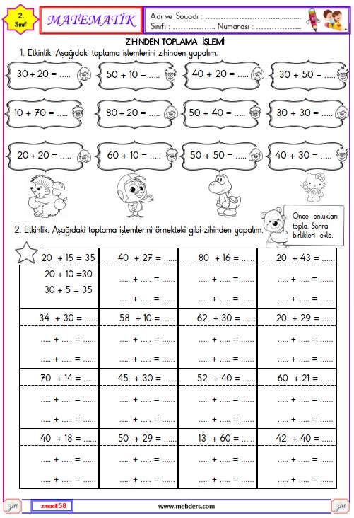 2. Sınıf Matematik Zihinden Toplama İşlemi Etkinliği 1