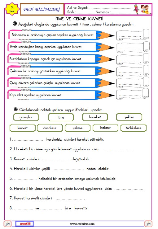 3. Sınıf Fen Bilimleri İtme ve Çekme Kuvveti Etkinliği 1