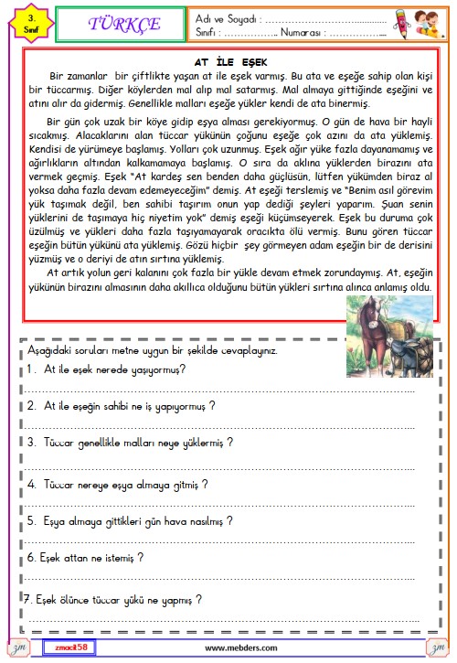 3. Sınıf Türkçe Okuma ve Anlama Metni Etkinliği (At ile Eşek)