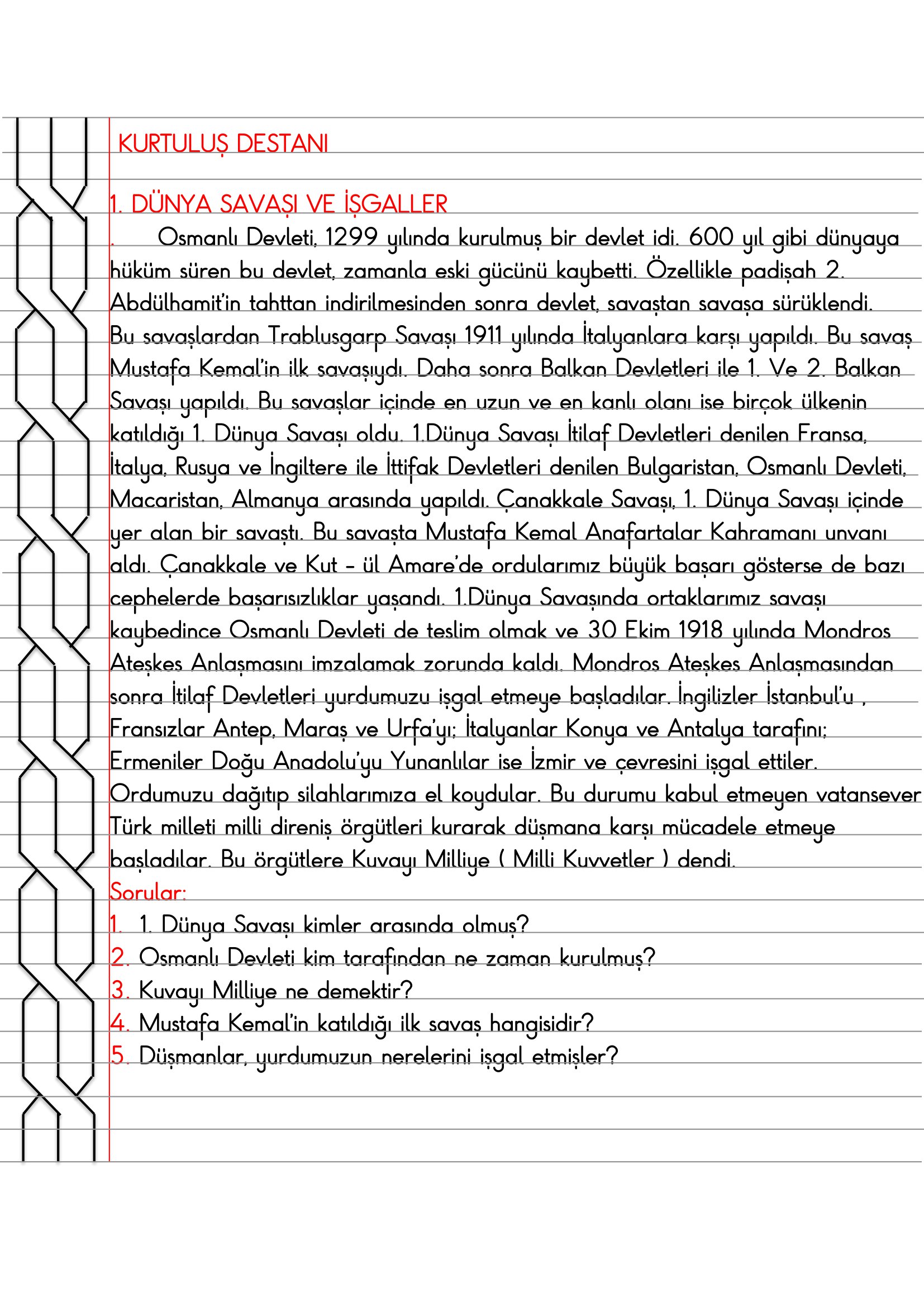 4.Sınıf - Sosyal Bilgiler - Kurtuluş Destanı ( 1.Dünya Savaşı ve İşgaller) Defter Özeti