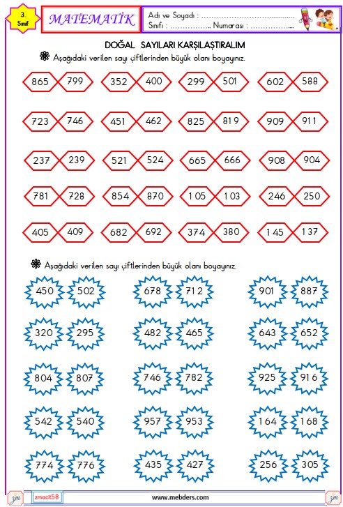 3. Sınıf Matematik Doğal Sayıları Karşılaştırma ve Sıralama Etkinliği 1