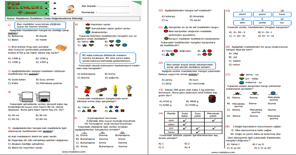 4.Sınıf Fen Bilimleri Maddenin Özellikleri Ünite Değerlendirme Etkinliği 2
