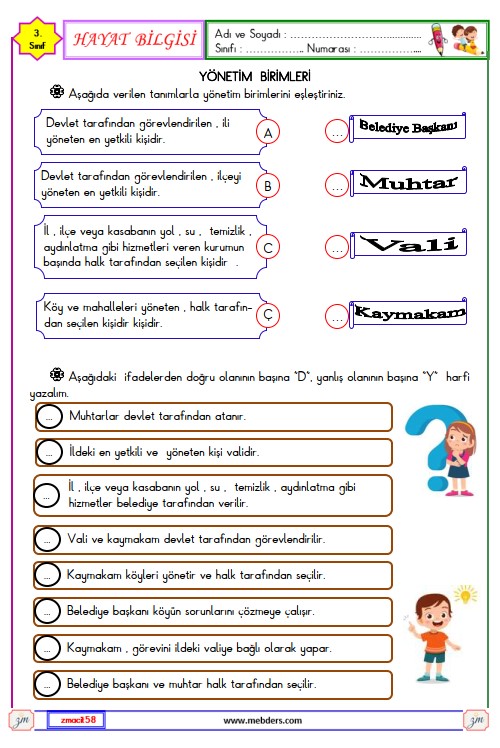 3. Sınıf Hayat Bilgisi Yönetim Birimleri Etkinliği 3