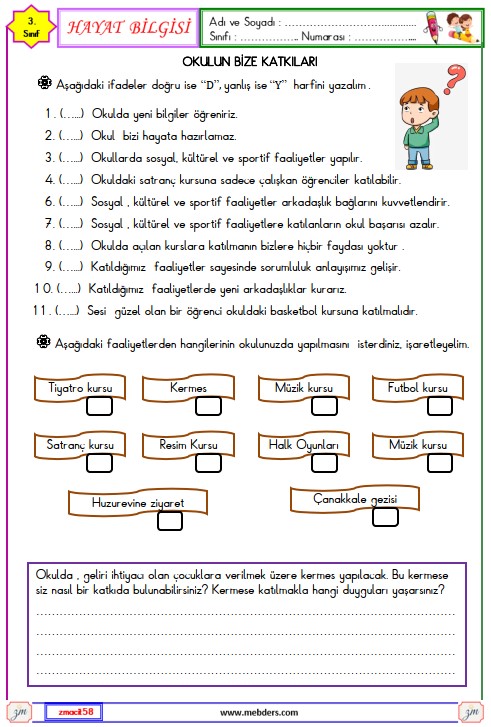 3. Sınıf Hayat Bilgisi Okulun Bize Katkıları Etkinliği