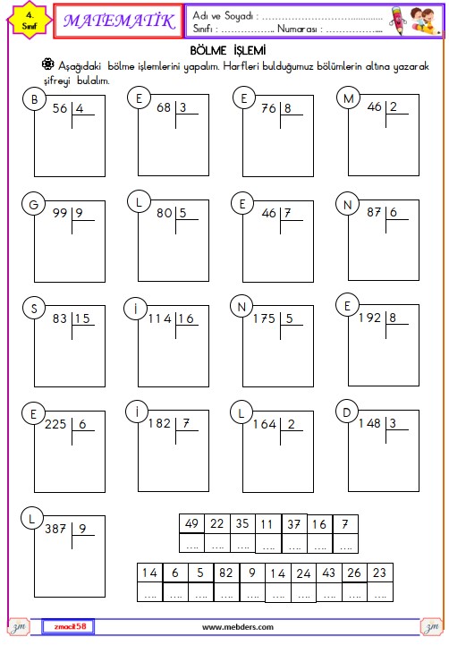 4. Sınıf Matematik Bölme İşlemi Etkinliği 1