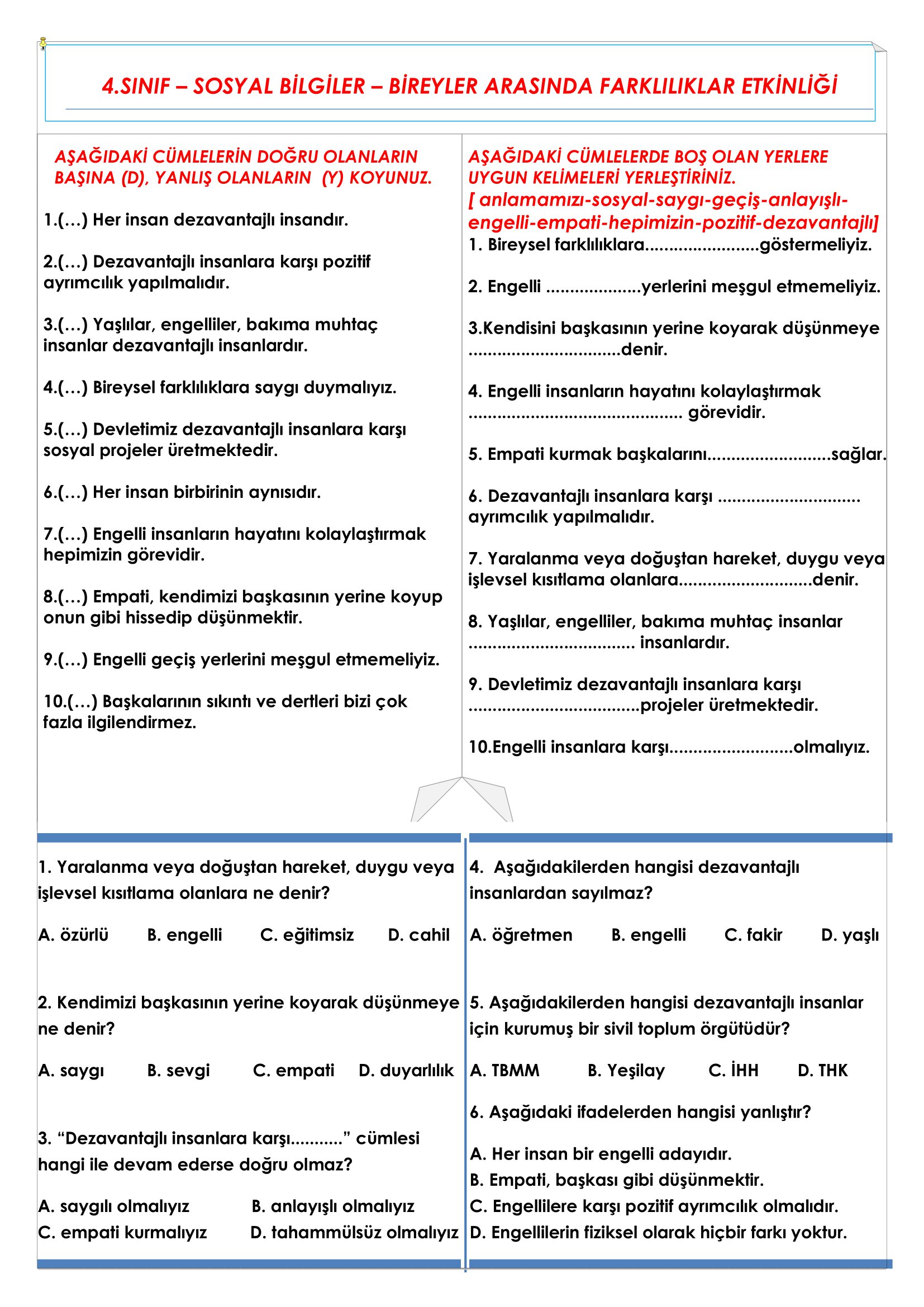 4.Sınıf - Sosyal Bilgiler - Bireyler Arasında Farklılıklar Etkinliği